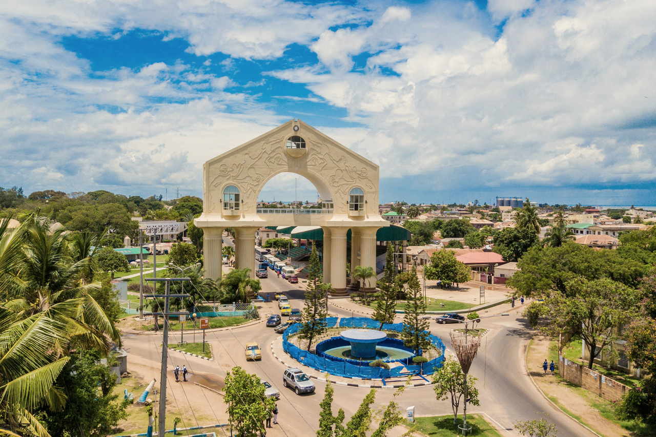 Aerial view of Arch 22 and the roundabout below it in Banjul