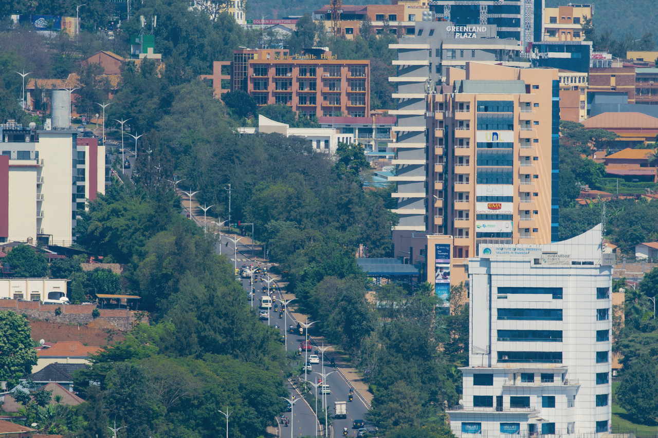 Aerial view of Kigali's skyline, high-rise buildings on a hillside